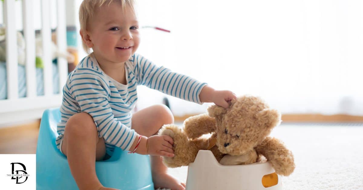 Toddler sitting on a potty chair learning to use the toilet, illustrating gentle potty training tips for toddlers.
